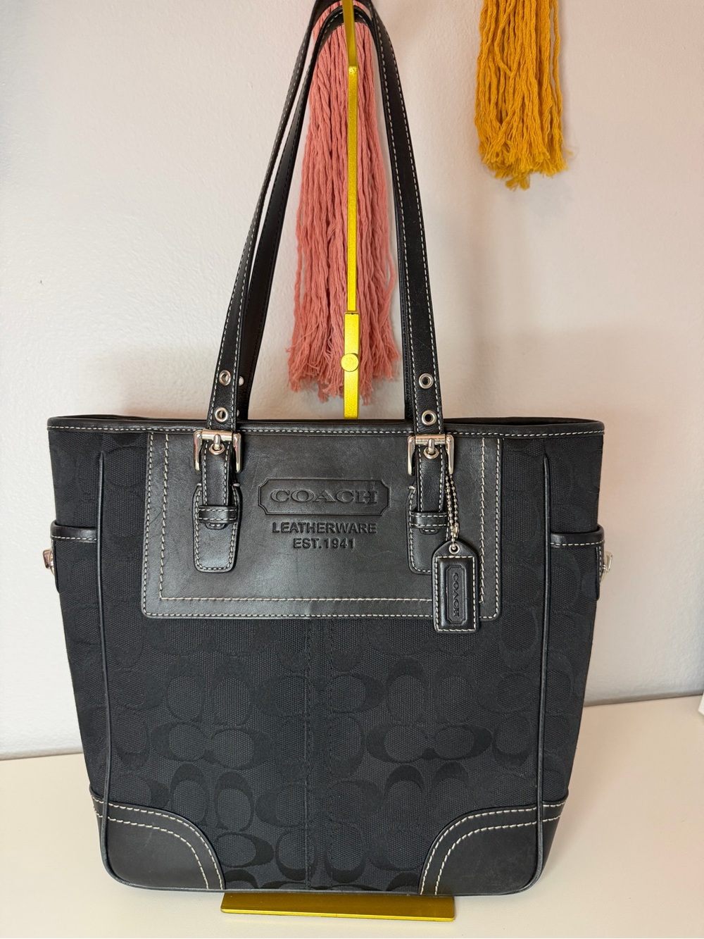 Coach Black Signature Canvas Tote with Leather Trim